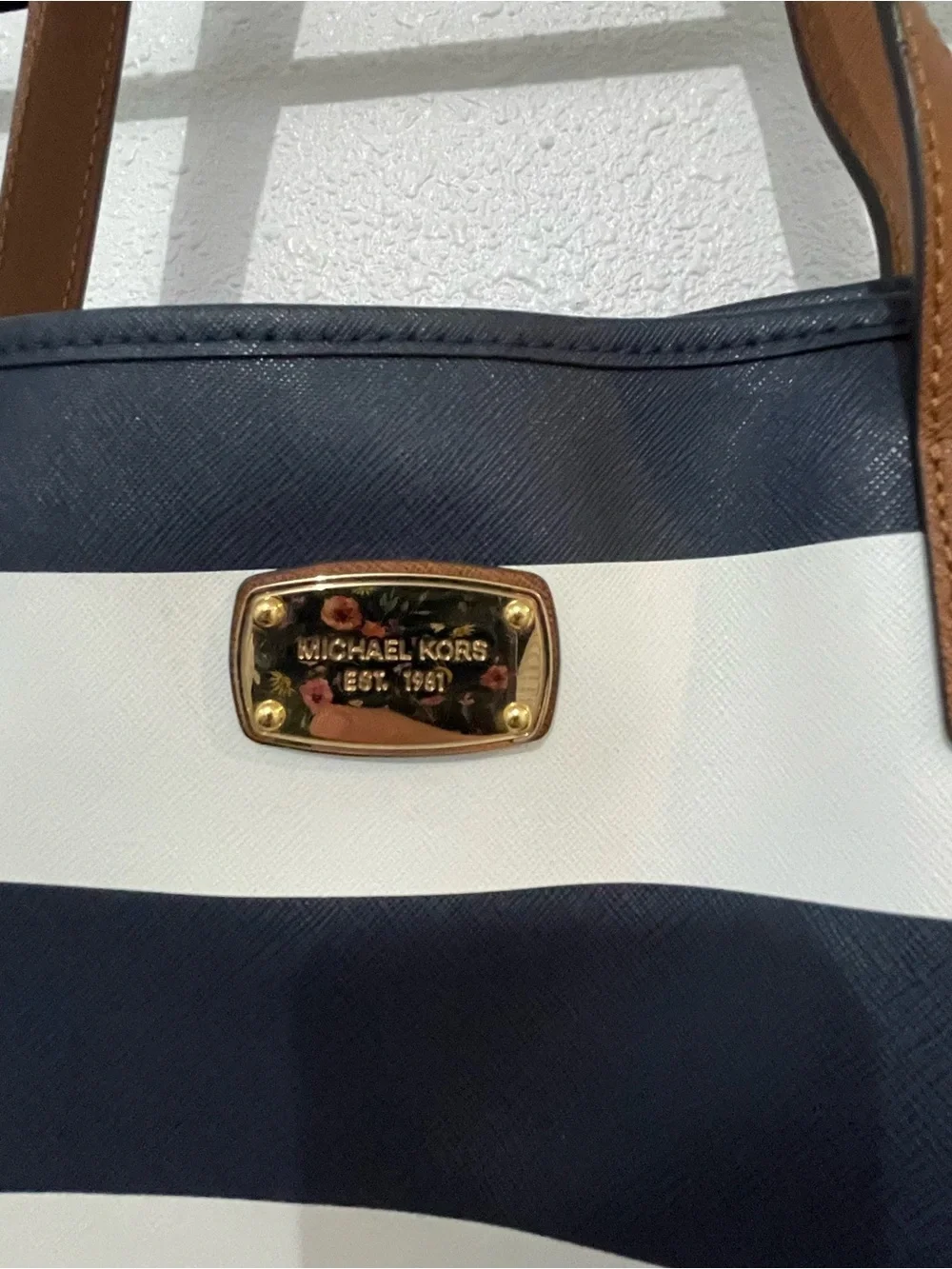 Michael Kors Nautical Navy Blue and White Striped Tote bucket hand bag clean